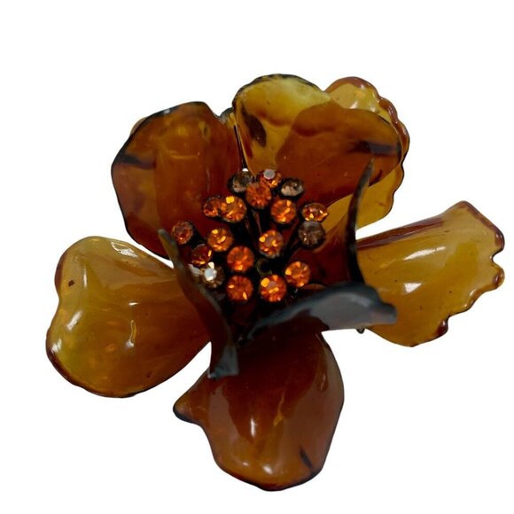 1950s  Retro Amber Orchid Flower Brooch | Cellulose Acetate Pin with Rhinestones - Picture 2 of 6